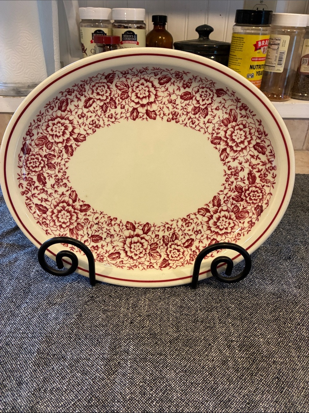 Vintage Iroquois China oval platter maroon & white floral